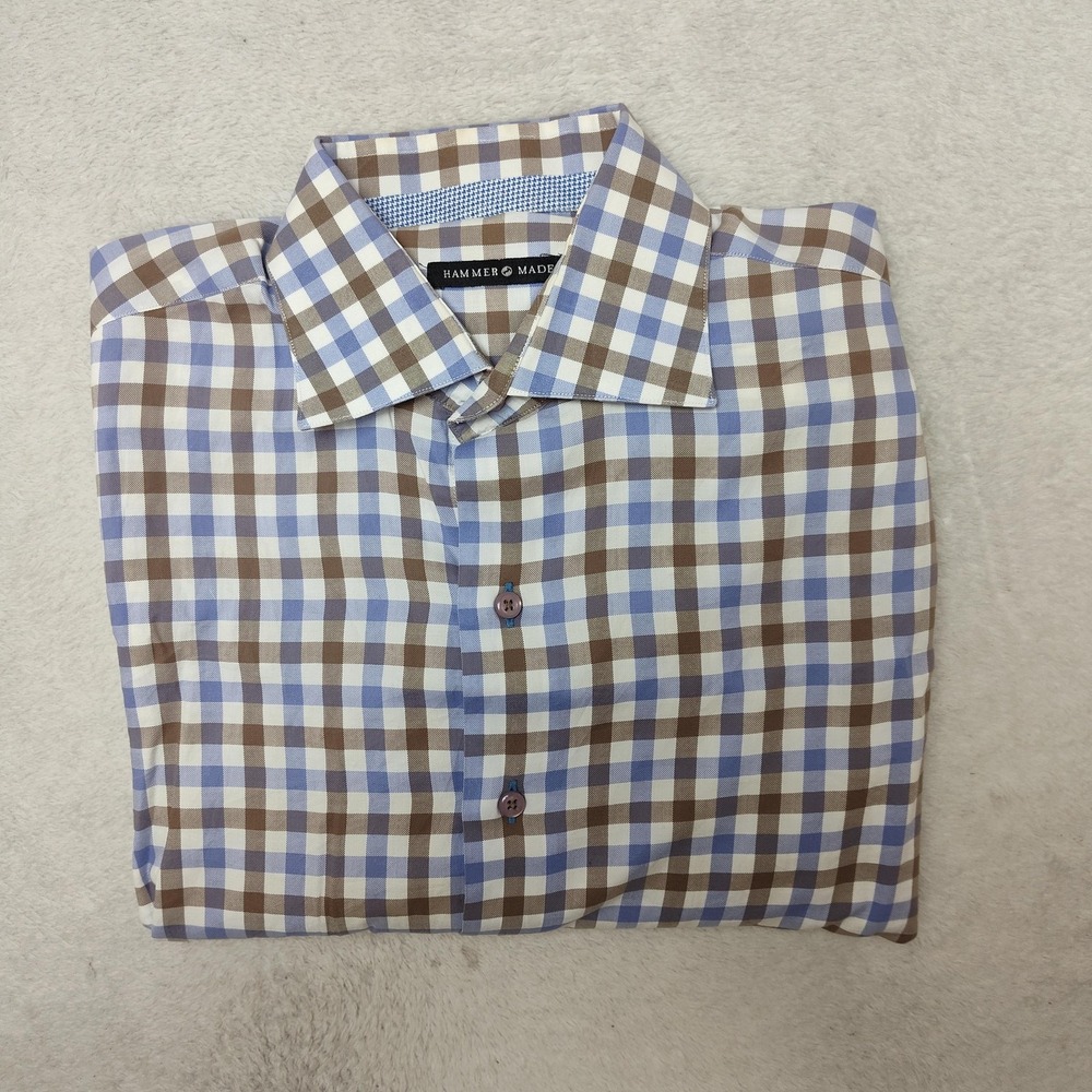 Hammer Made Shirt Mens‎ 15.5 Blue Check Plaid Point Collar Classic 100% Cotton